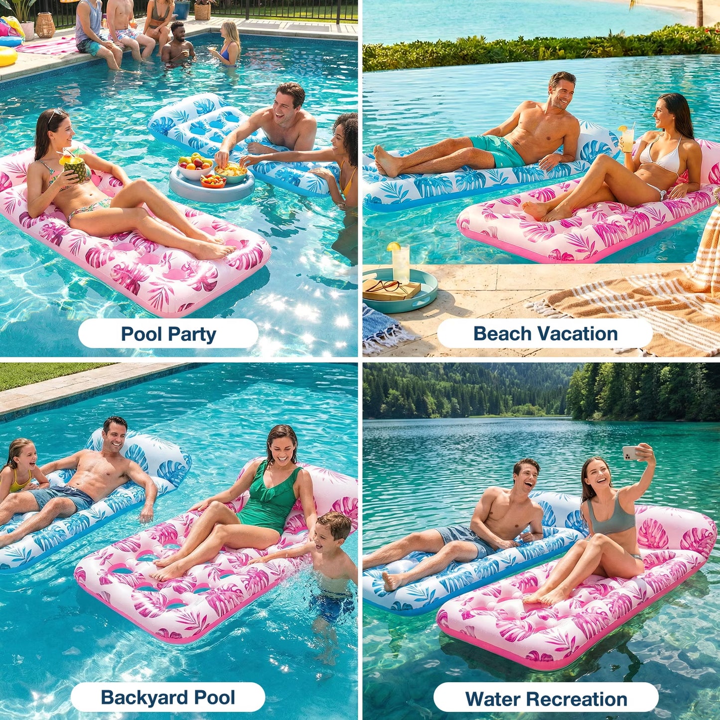 Inflatable Pool Floats Adult, Large Pool Float , Pool Lounger with Headrest, Pool Rafts, Tanning Pool for Swimming Pool Party, Rose Red