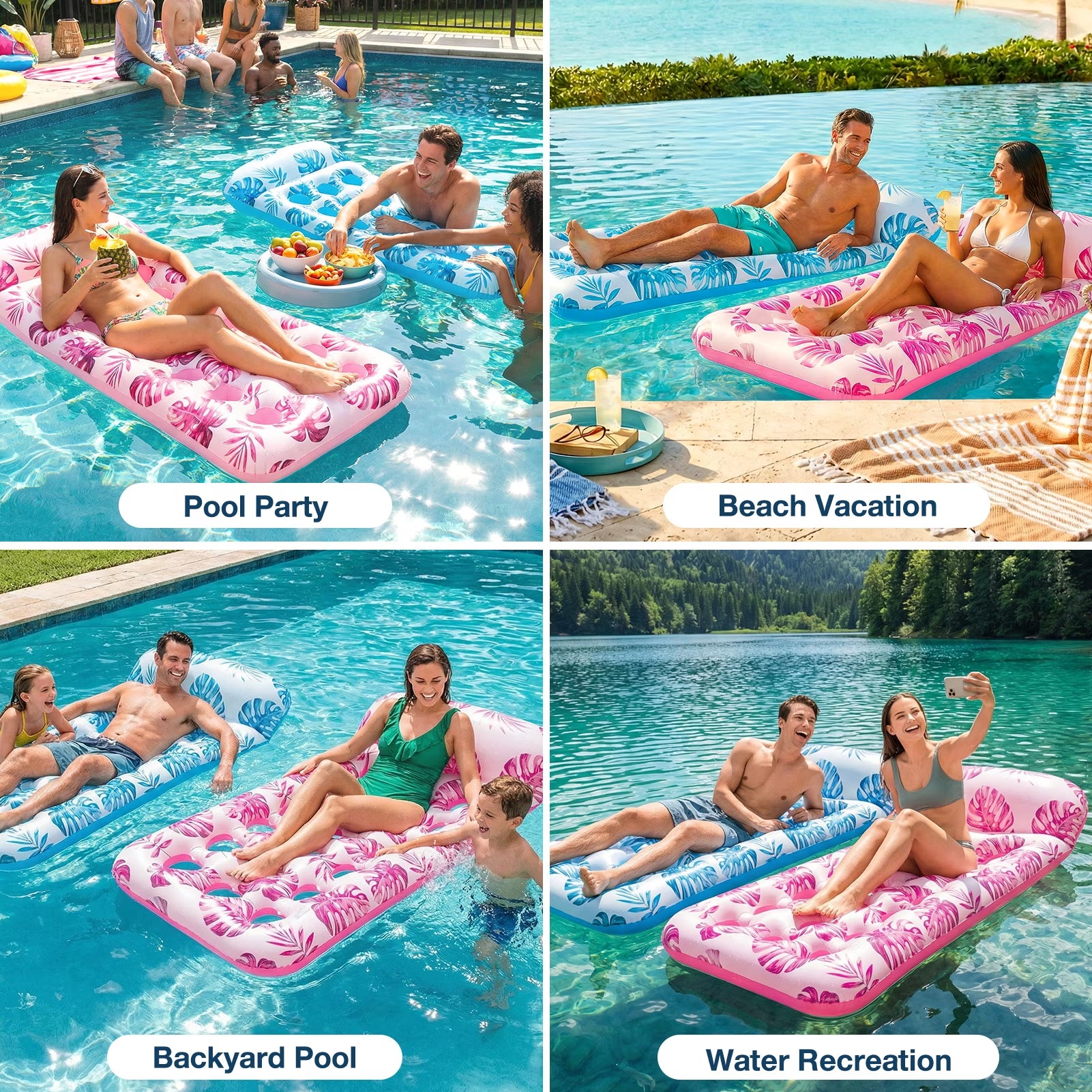 Inflatable Pool Floats Adult, Large Pool Float , Pool Lounger with Headrest, Pool Rafts, Tanning Pool for Swimming Pool Party, Rose Red