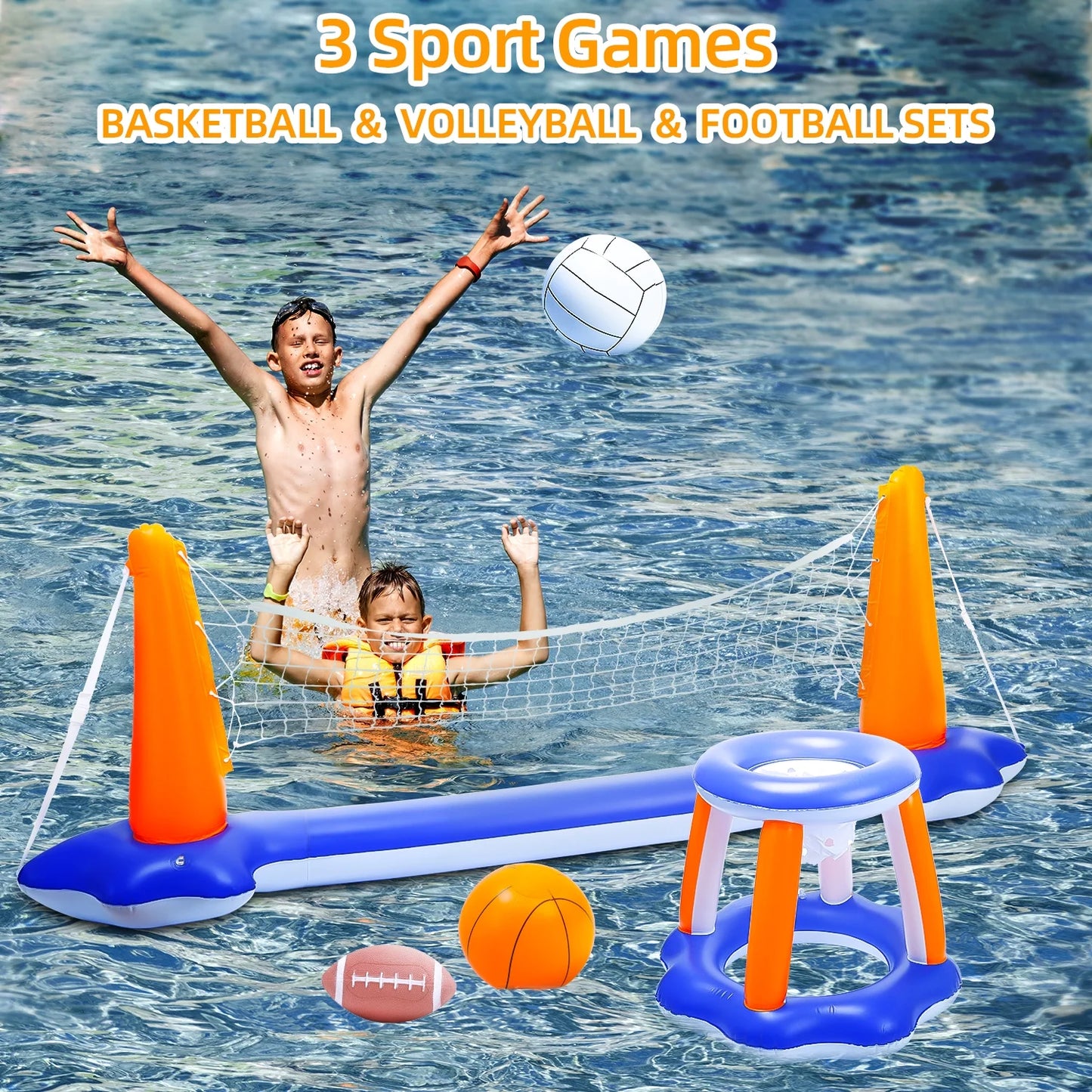 Inflatable Pool Toys, 2-In-1 Swimming Pool Basketball & Volleyball Sets, Floating Basketball Hoop and Water Football, Summer Pool Game for Kids and Adults