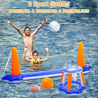 Inflatable Pool Toys, 2-In-1 Swimming Pool Basketball & Volleyball Sets, Floating Basketball Hoop and Water Football, Summer Pool Game for Kids and Adults