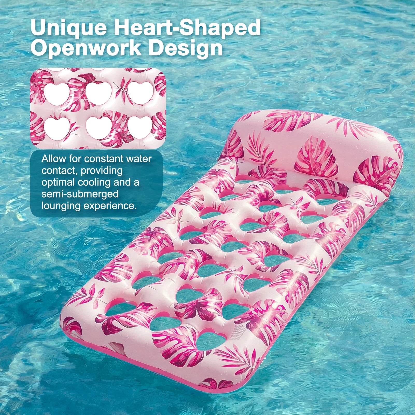 Inflatable Pool Floats Adult, Large Pool Float , Pool Lounger with Headrest, Pool Rafts, Tanning Pool for Swimming Pool Party, Rose Red