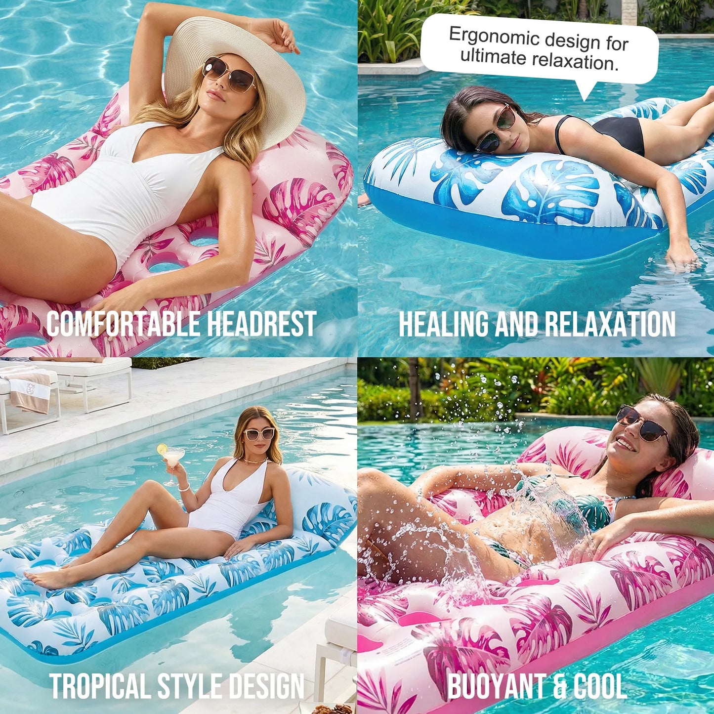 Inflatable Pool Floats Adult, Large Pool Float , Pool Lounger with Headrest, Pool Rafts, Tanning Pool for Swimming Pool Party, Rose Red