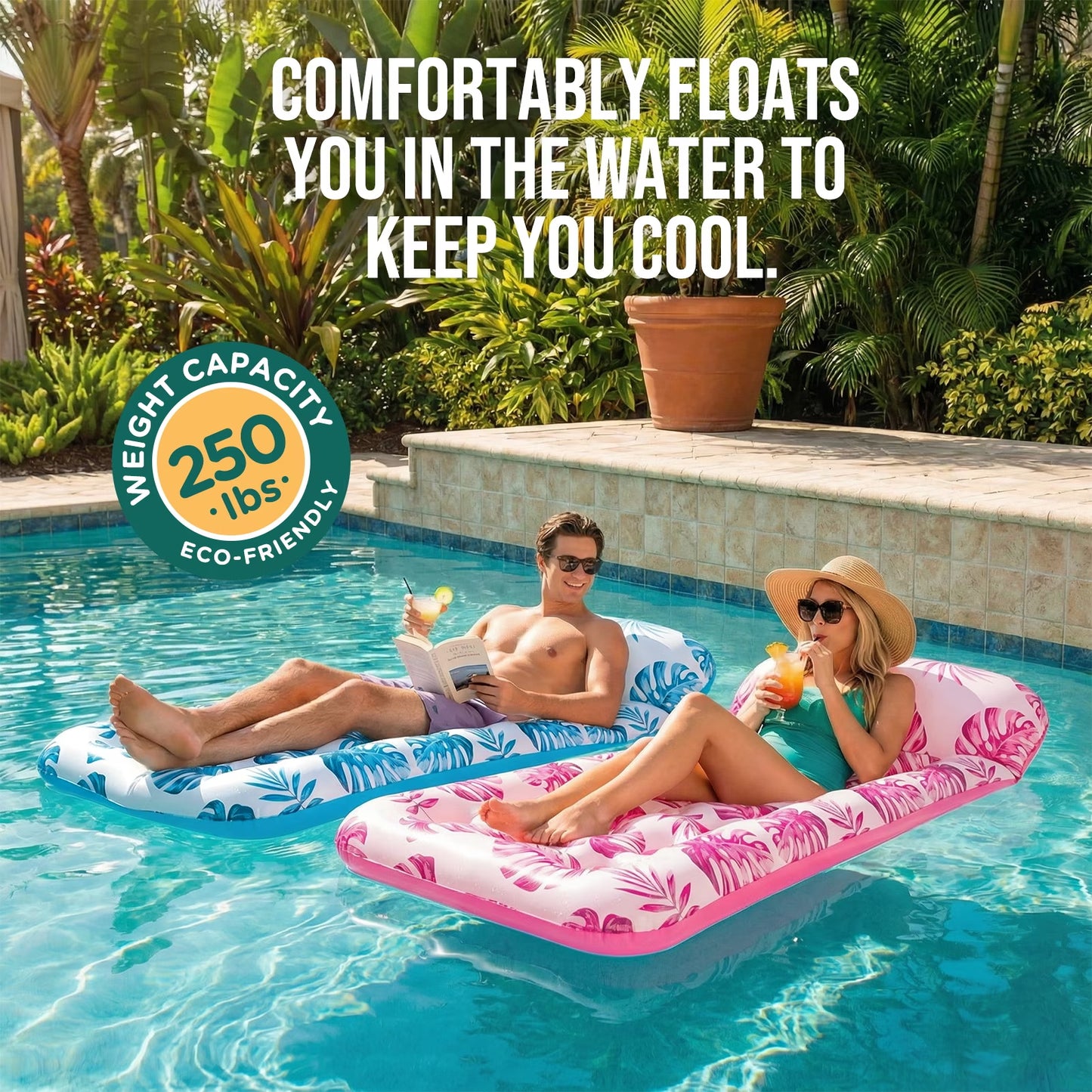 Inflatable Pool Floats Adult, Large Pool Float , Pool Lounger with Headrest, Pool Rafts, Tanning Pool for Swimming Pool Party, Rose Red