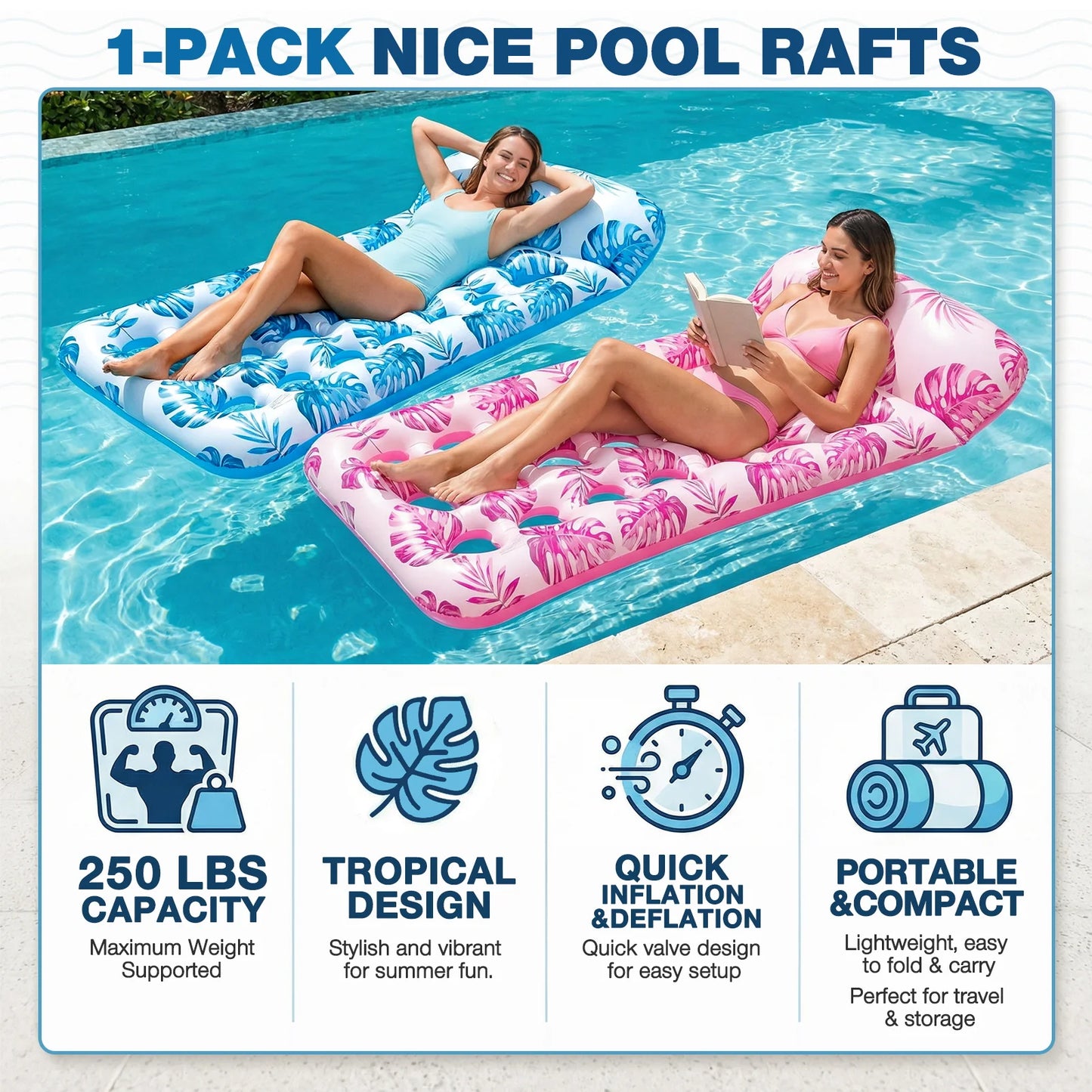 Inflatable Pool Floats Adult, Large Pool Float , Pool Lounger with Headrest, Pool Rafts, Tanning Pool for Swimming Pool Party, Rose Red