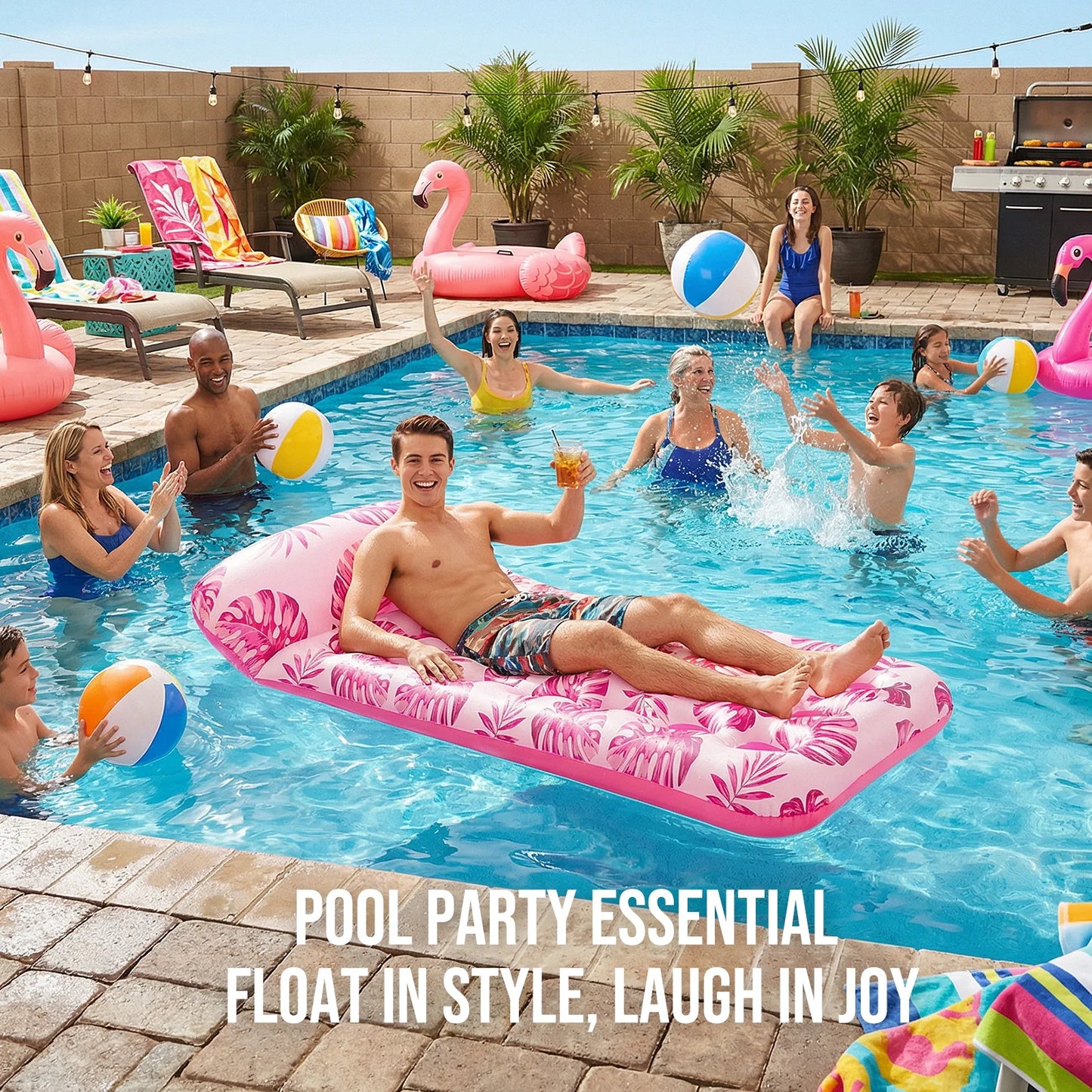 Inflatable Pool Floats Adult, Large Pool Float , Pool Lounger with Headrest, Pool Rafts, Tanning Pool for Swimming Pool Party, Rose Red