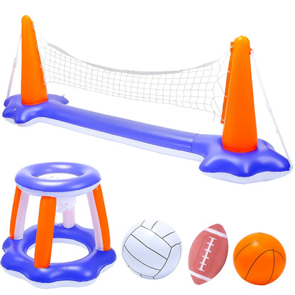 Inflatable Pool Toys, 2-In-1 Swimming Pool Basketball & Volleyball Sets, Floating Basketball Hoop and Water Football, Summer Pool Game for Kids and Adults
